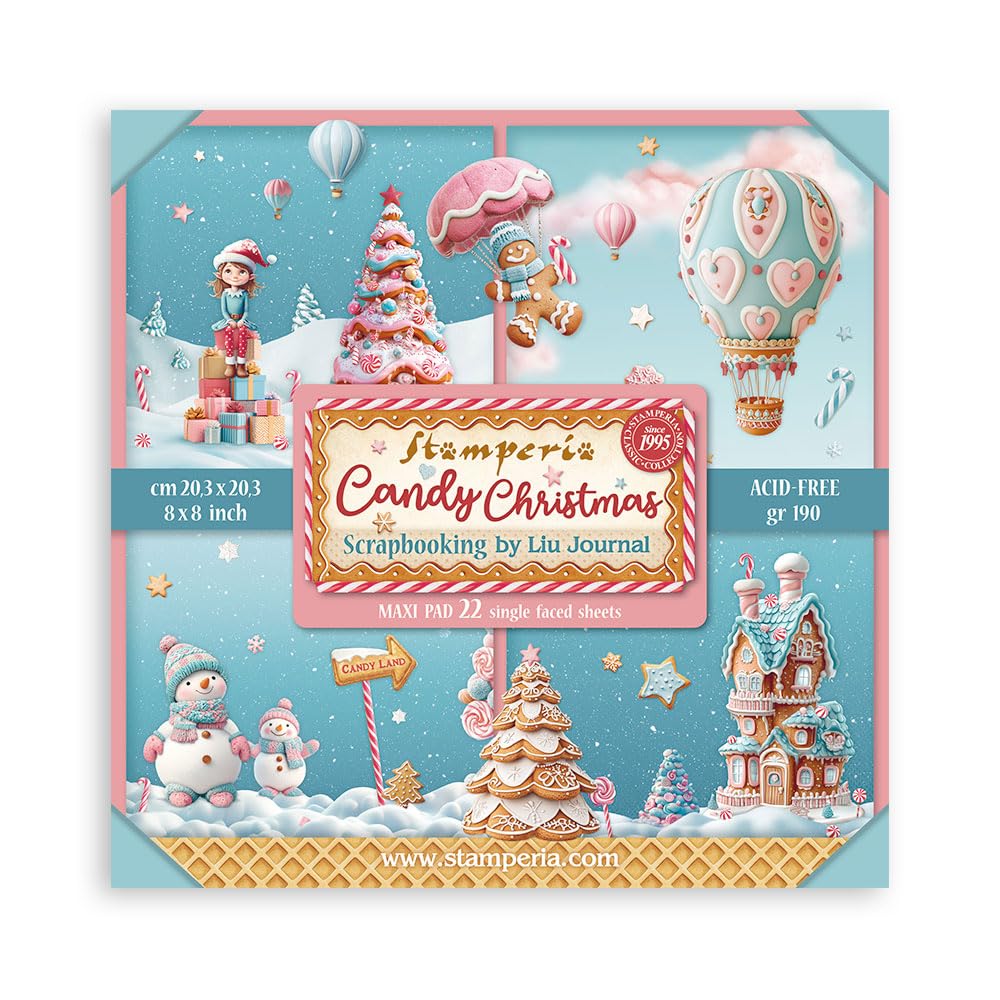 Stamperia - Scrapbook Paper Pad for Scrapbooking, Albums, Card Making, Bullet Journalling and More, Acid Free, Single Face, Perfect for Hobbies, Crafts, and Gifting (Candy Christmas) (20.3 x 20.3cm)