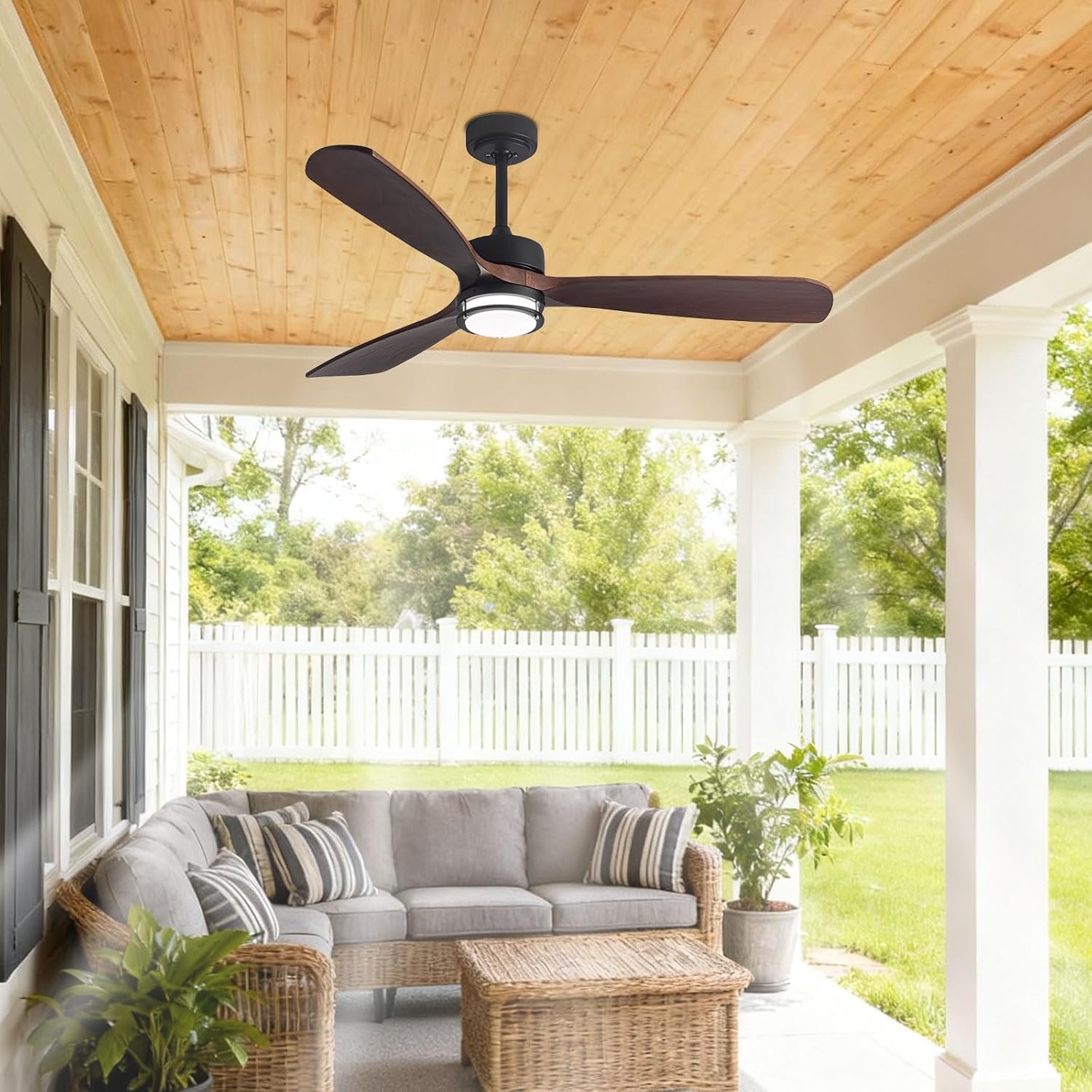 Low Profile Ceiling Fans with Lights Modern Black Ceiling Fan with Walnut Wood Blades, DC Motor, Remote 6-Speed Quiet Ceiling Fan Lights for Living Room Bedroom Dining Room Patio