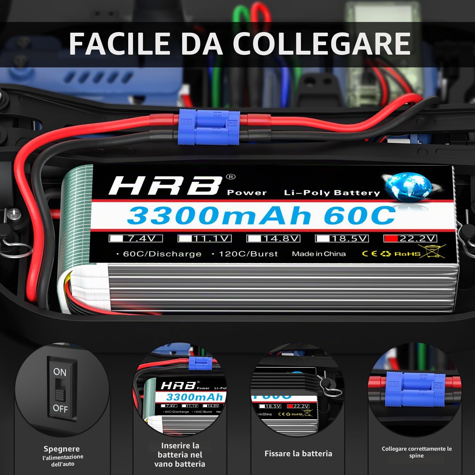 HRB 2PCS 6S 22.2V 3300mAh 60C Lipo batteria con spina EC5 per RC Helicopter Airplane Car Boat Truck
