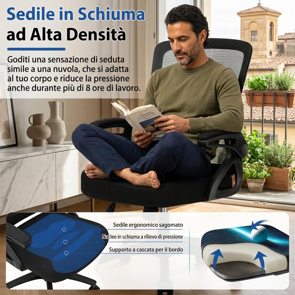 Sedia Ufficio Ergonomica, Sedia da Scrivania in Rete con Supporto Lombare 4D, Braccioli Ribaltabili 90°, Schienale Alto, Altezza Regolabile, Basculante 90°-125°, Portata 130 kg
