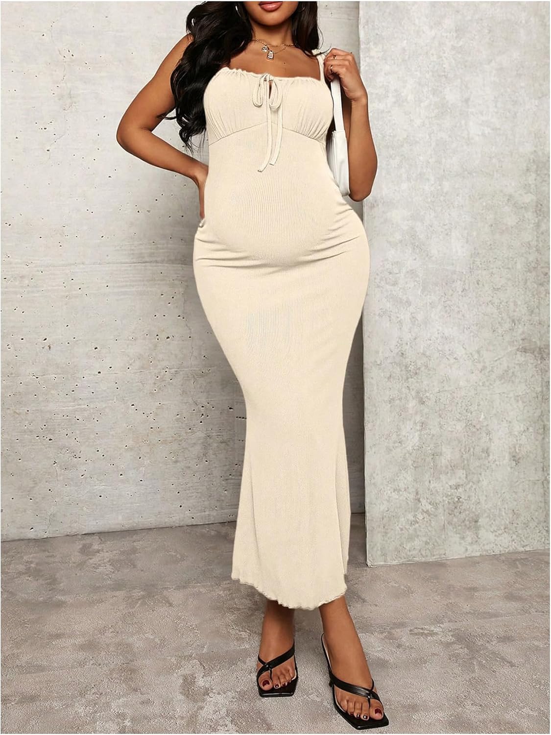 OYOANGLE Women's Maternity Drawstring Front Cami Dress Ribbed Knit Bodycon Midi Dresses - Image 4