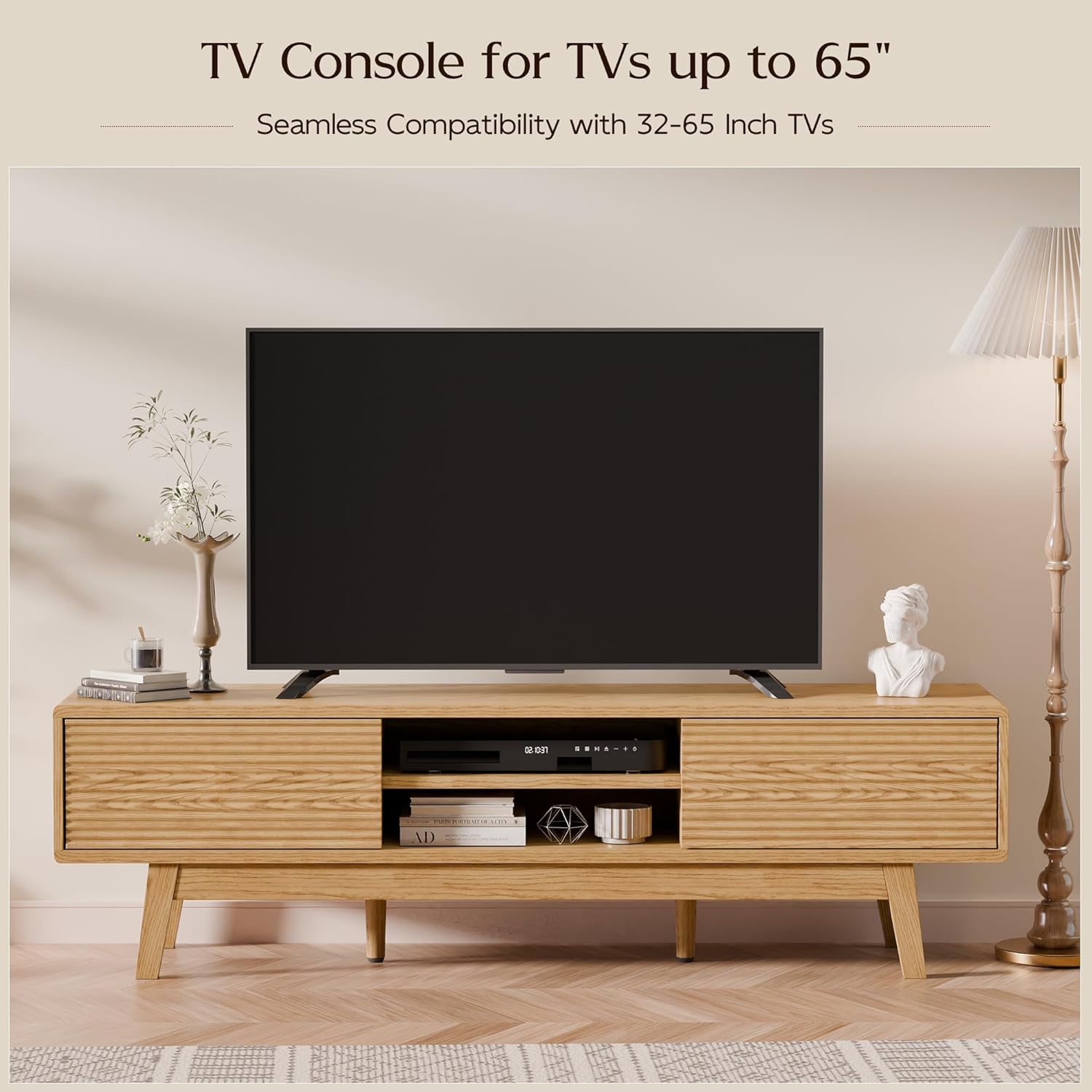 TOLEAD 59" TV Stand, Mid Century Modern Television Stand for 43/55/65 inch TV, Low Profile TV Console with Fluted Sliding Doors, Boho Light Wood Credenza for Living Room, Oak - Image 4
