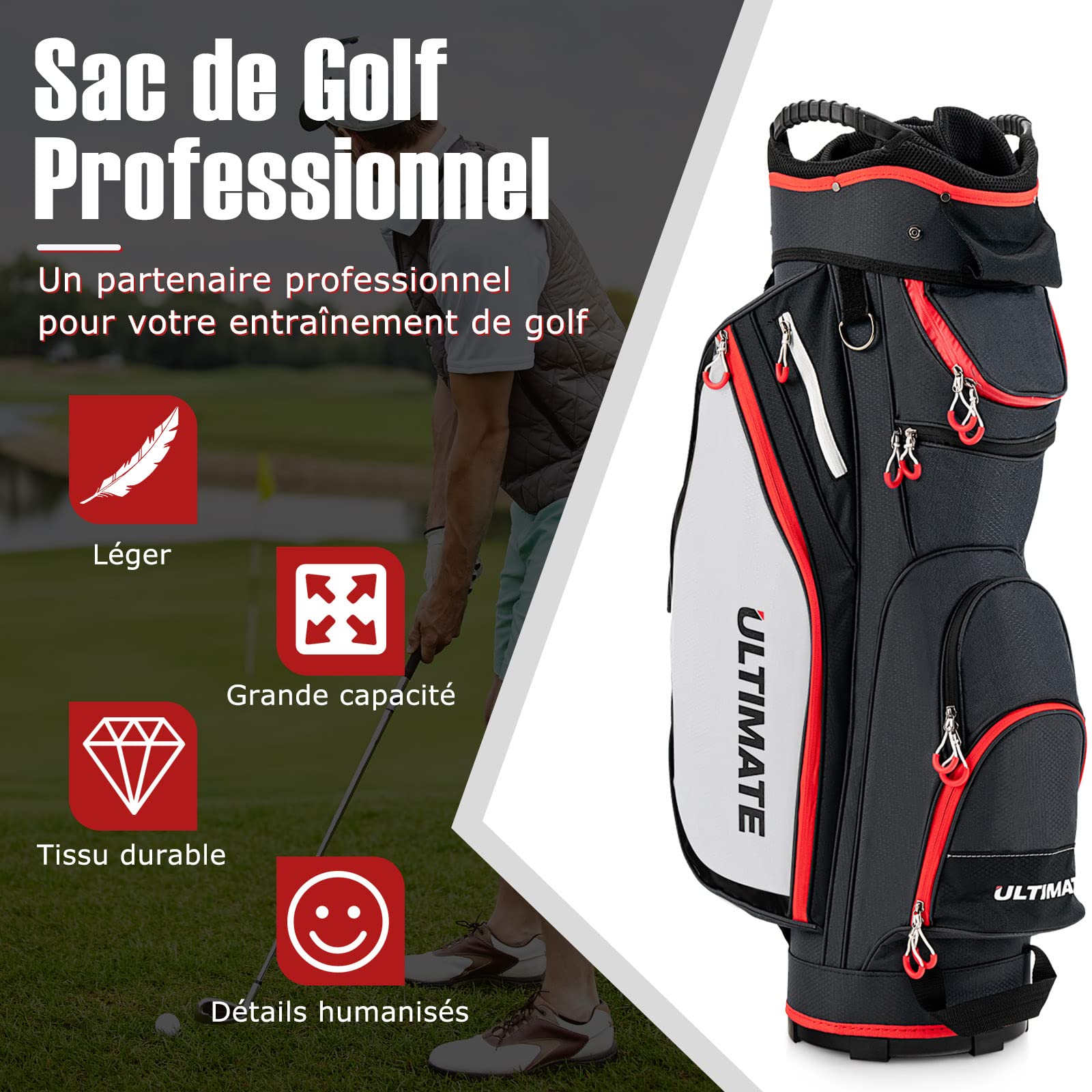GOPLUS Sac de Chariot de Golf, Sac de Golf léger et Portable avec 14 Compartiments séparés et 8 Poches zippées, y Compris Sac Isotherme et Poches étanches (Noir)