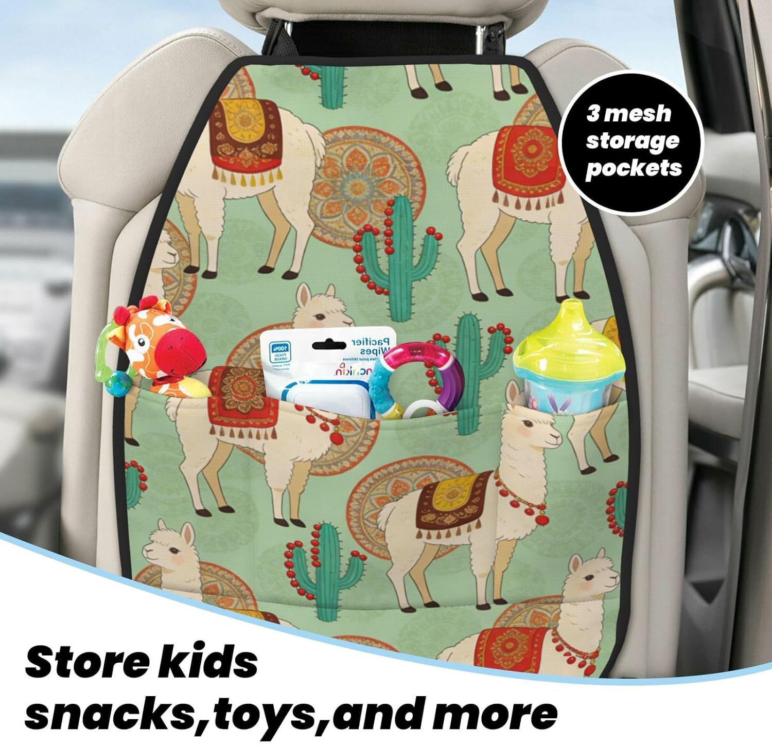 Mexican Alpaca Cactus Car Seat Back Kick Protector 2 Pack, 18.5x26.4 Inch Anti-Kick Pad, Waterproof Oxford Fabric Large Rear Seat Cover for Kids Pets Fits SUV Jeep Truck Sedan