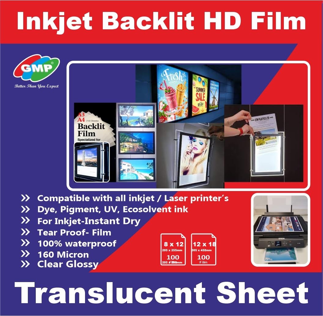 GMP Translucent Backlit Film sheet/Back Lit Paper Displays, Excellently printable with all Inkjet printers & Laser Copiers 12″ x 18″ (305 x 458mm)