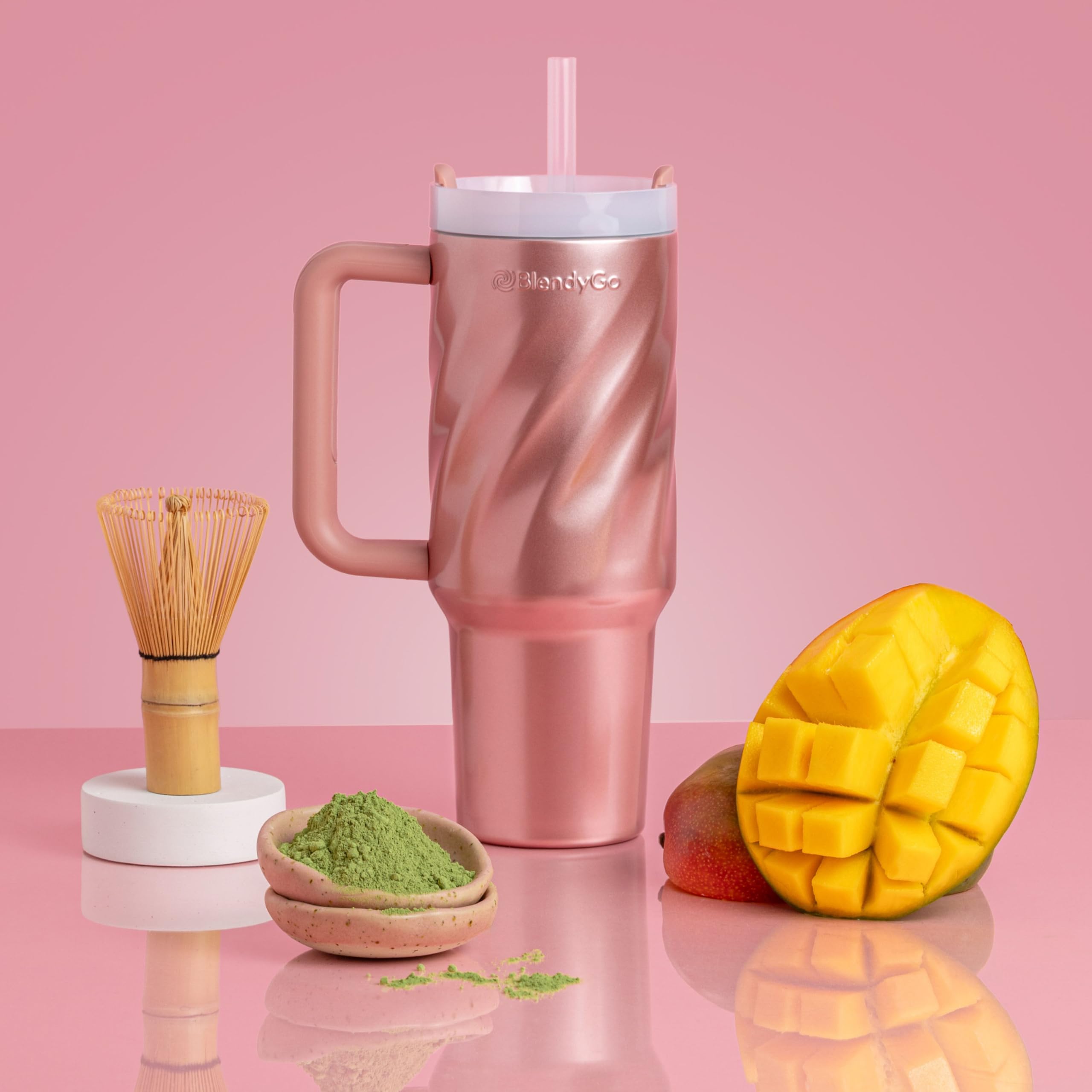 Blendygo Vaso Térmico con Asa 900ml - Termo Mantiene 6 Horas Caliente & 12 Horas Frío - Taza de Viaje para Coche - Acero Inoxidable Tumbler Libre de BPA (Rose Gold)