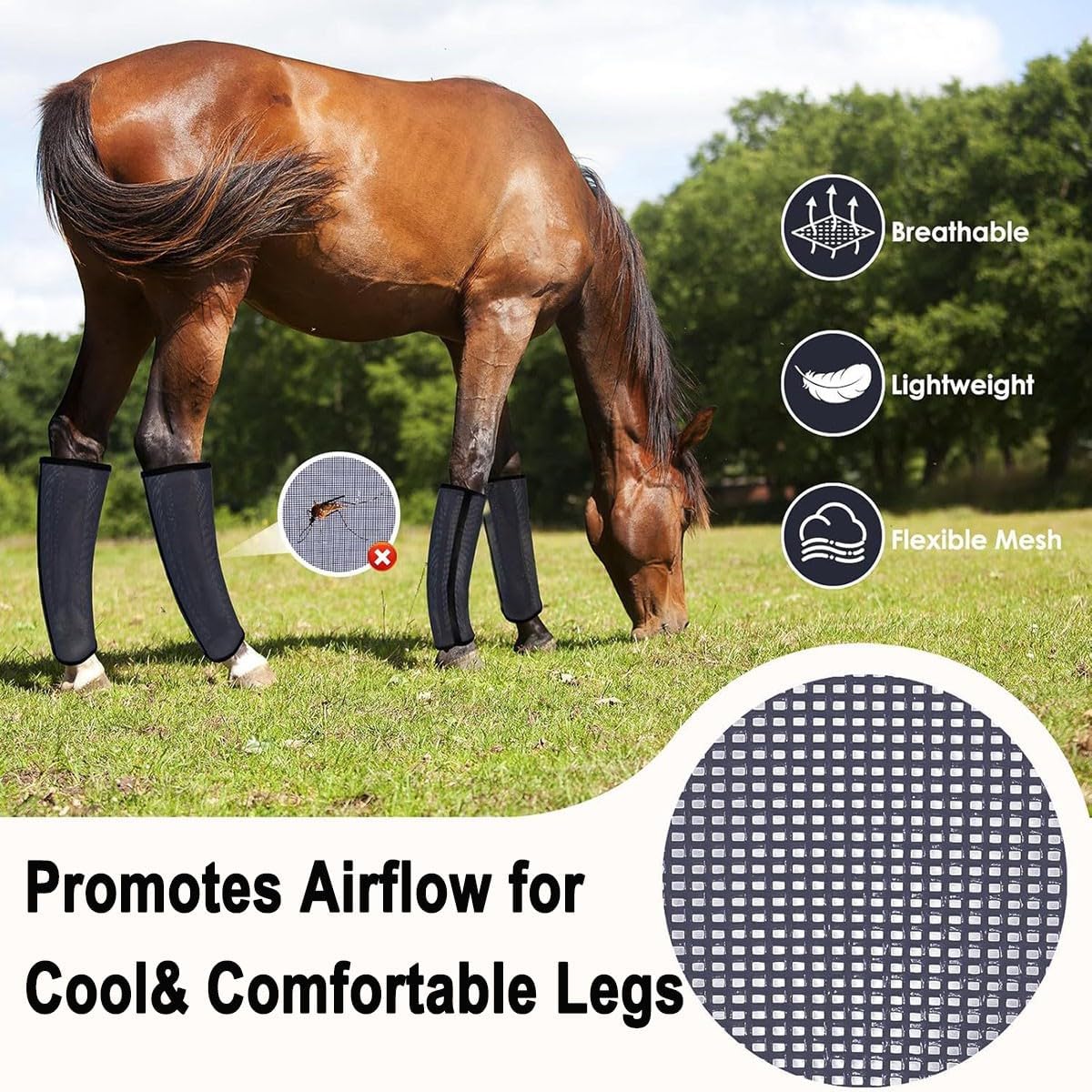 Fly Leg Wraps for Horses Set of 4,Horse Mesh Fly Boots, Pony Fly Boots Horse Care Boots, Prevent Mosquito Bites, Breathable Mesh(Black)