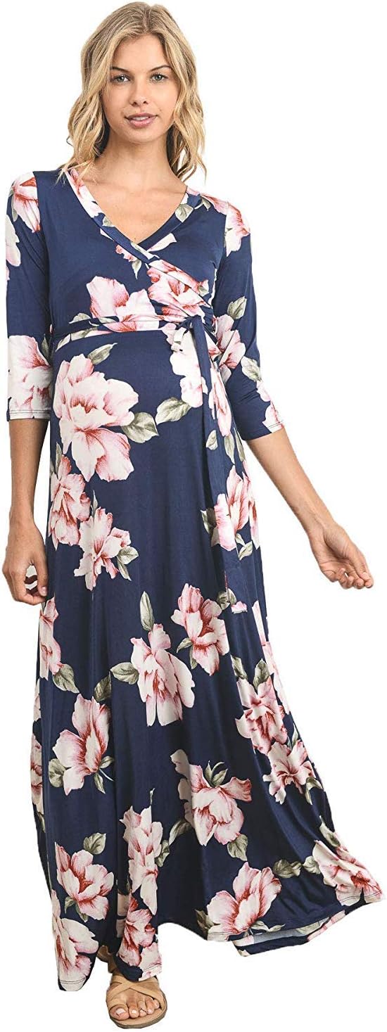 HELLO MIZ Women's Faux Wrap Maxi Maternity Dress with Belt - Made in USA
