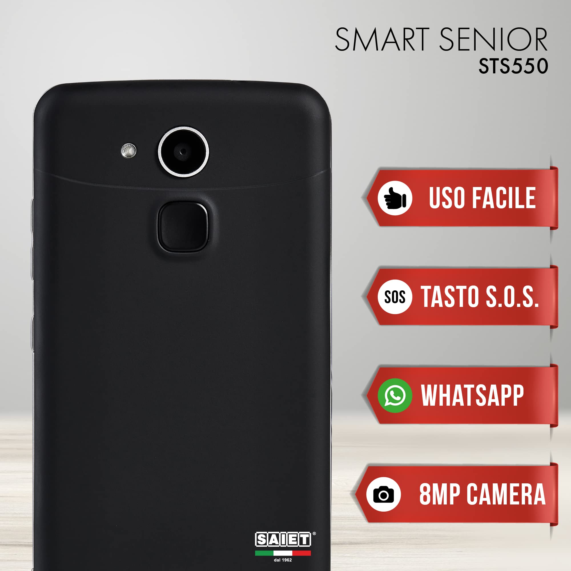 SAIET - Cellulare Smart Senior STS550 - Cellulare Per Anziani 4G e Bluetooth -Tasti e Lettere Grandi - Smartphone per Anziani con Whatsapp e Tasto SOS