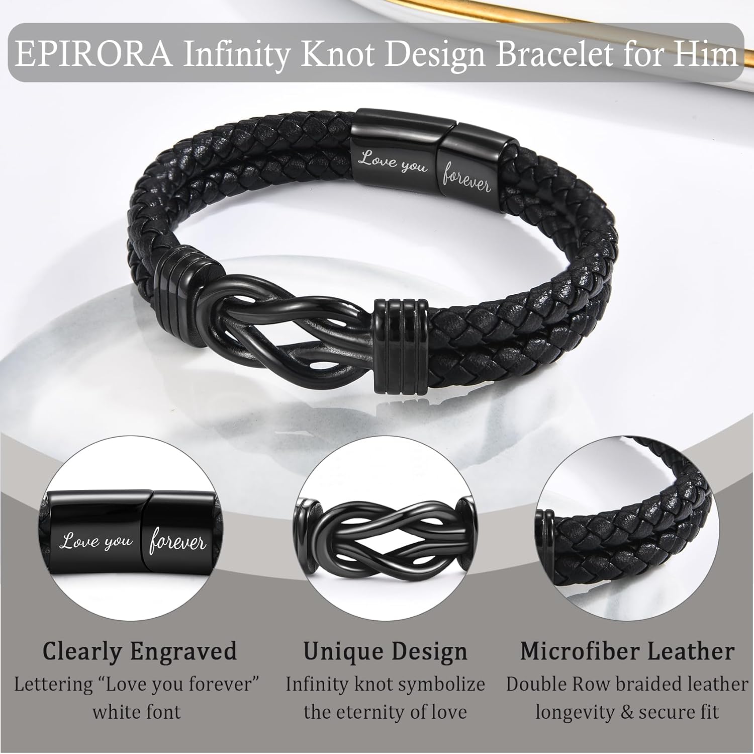 EPIRORA Gifts for Men- 8.5" Black Braided Leather Infinity Knot Bracelets for Him Husband Boyfriend, Personalized Mens Bracelet Jewelry Gift for Birthday Christmas Anniversary Valentine's Day - Image 3