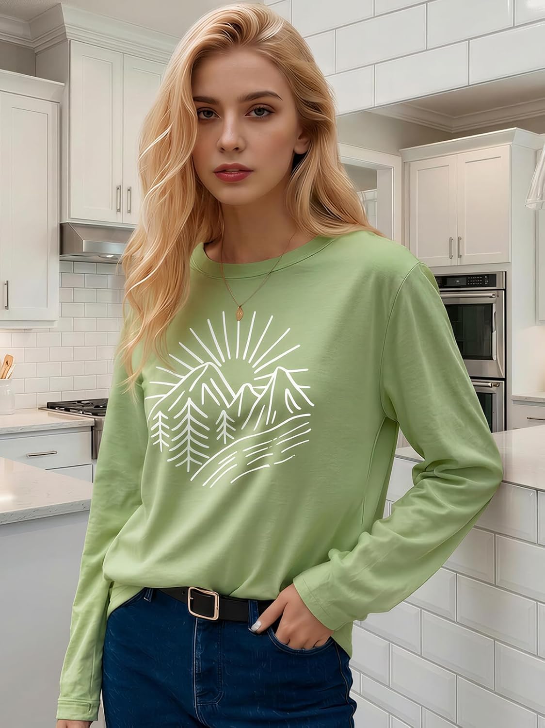 Womens Hiking Mountain Shirt Nature Sunrise Funny Pine Tree River Graphic T Shirt Long Sleeve Workout Tee Top - Image 4