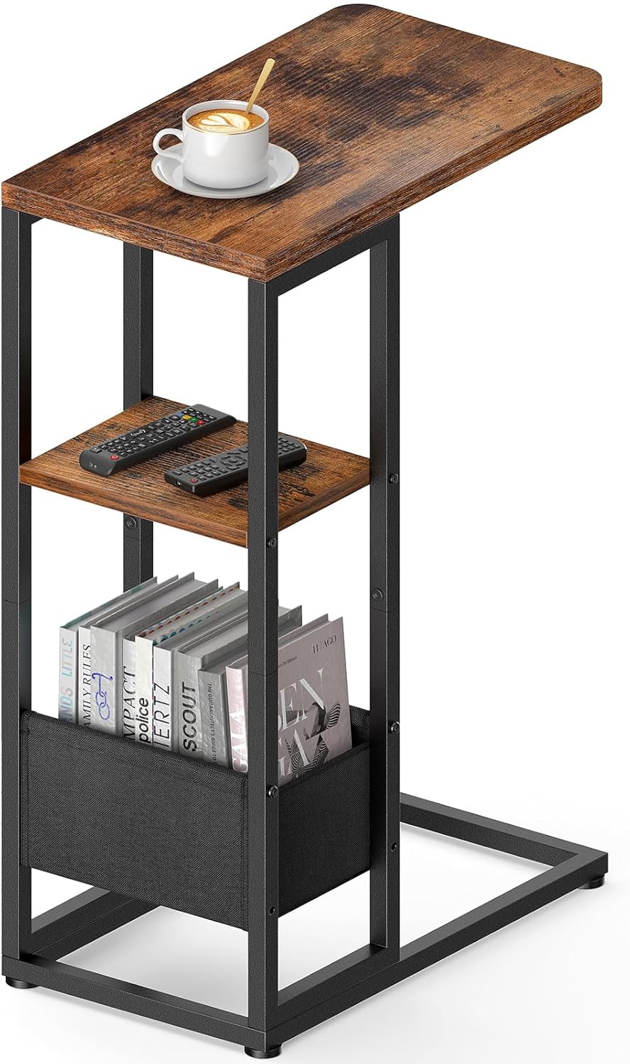 C Shaped End Table, Small Side Table for Couch, Recliner, Slide Under Sofa Tray Desk Snack Tables with Storage Bag for Living Room,Bedroom, Small Spaces - Rustic Brown Rustic Brown Classic
