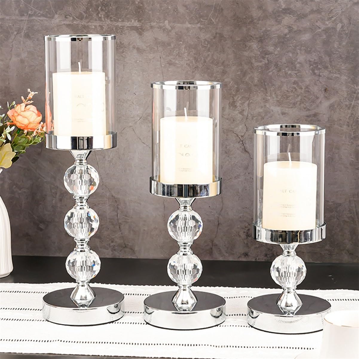 Candlesticks with Glass Hurricane Shade, Luxury Crystal Metal Candle Holders for Home Decor, Wedding, Party(Silver,12x41cm)