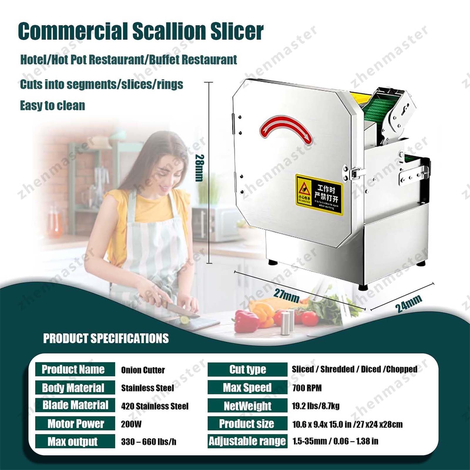 Cutter Verdure Commerciale 300W, Robot Da Cucina Professionale per Cipolle, Porri, Spinaci, Sedano, 150-300kg/h, Spessore 1.5-35mm Regolabile, Cucina Hotel Ristorante