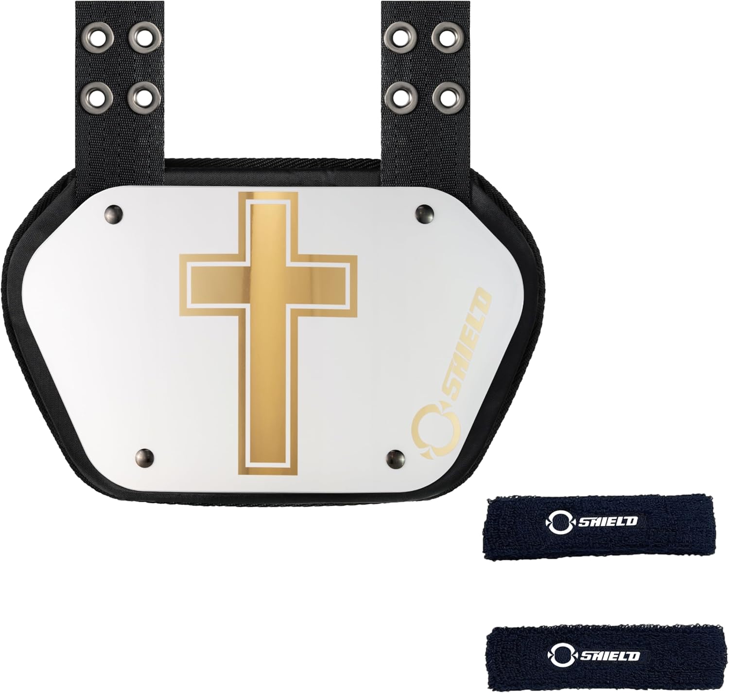 O Shield Golden Cross White Football Backplate with Navy Blue Sports Arm Band, Backplate Football with Bicep Band, Sold by Package