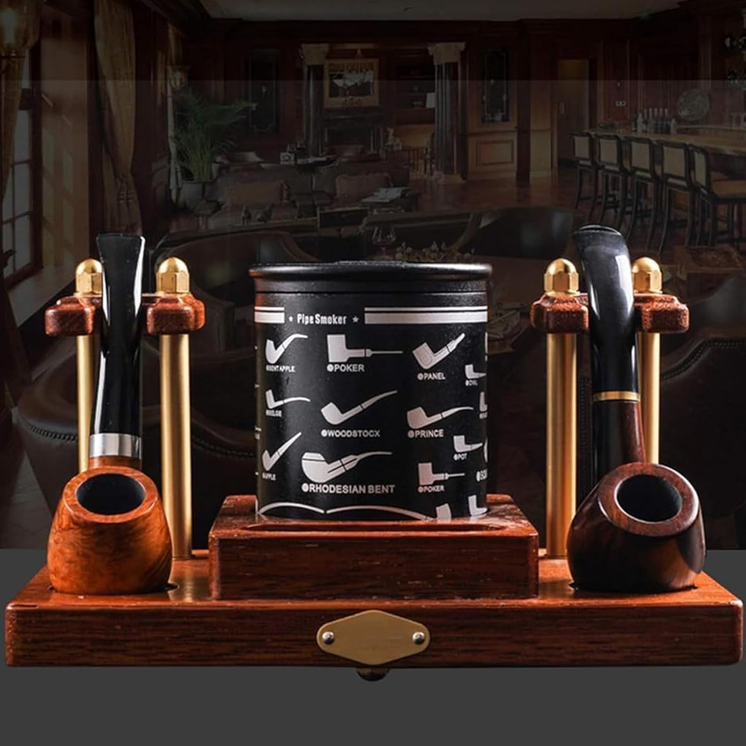 Wooden Tobacco Pipe Stand with Tobacco Jar - Smoking Pipe Accessories for 2 Pipes, Perfect Men's Gift & Cigar Storage Solution, Durable & Stylish Design