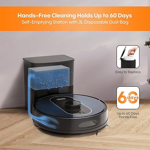 Miniatura 2 de Robot aspirador y trapeador 5000 Pa aspiradora robótica autovaciado durante 60 días de limpieza manos libres, robot aspirador automático LiDAR con