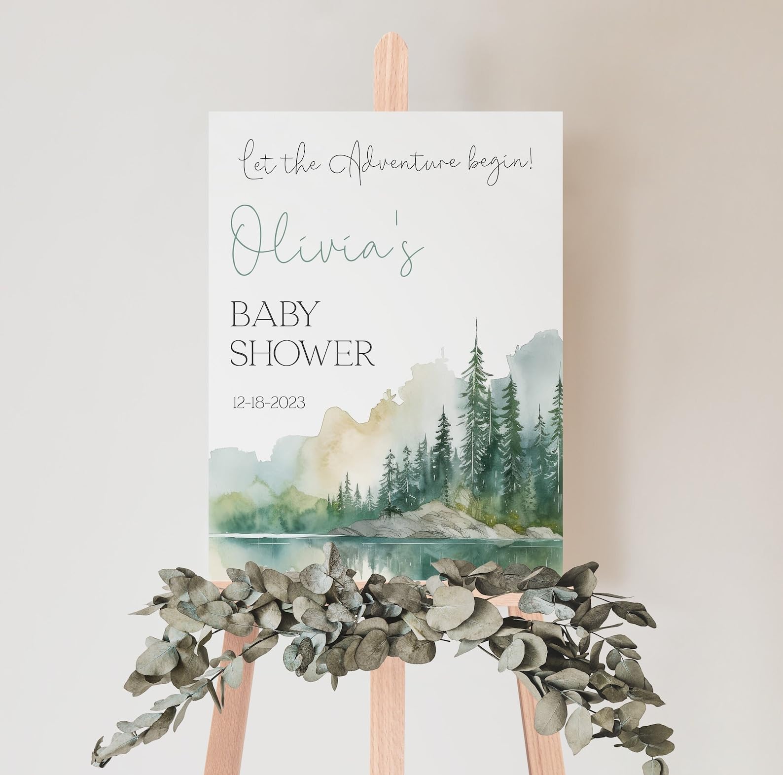 Generic Woodlands Baby Shower Welcome Sign, Mountain Forest Adventure, Pastel, Full Size, Plastic, Rectangular, Modern, Tabletop Mount, Baby Shower,