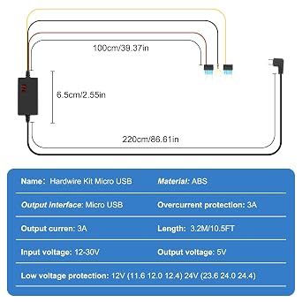 XMSJSIY Dash Cam Hardwire Kit Micro USB 12V-24V to 5V Step-Down Cable