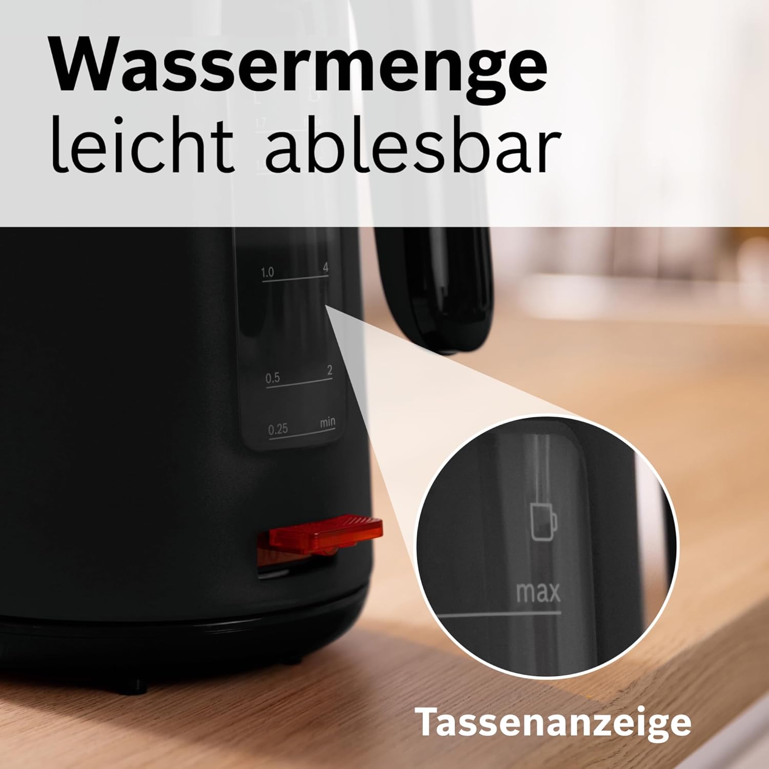 Close-up of the Bosch kettle's water level indicator with cup markings.