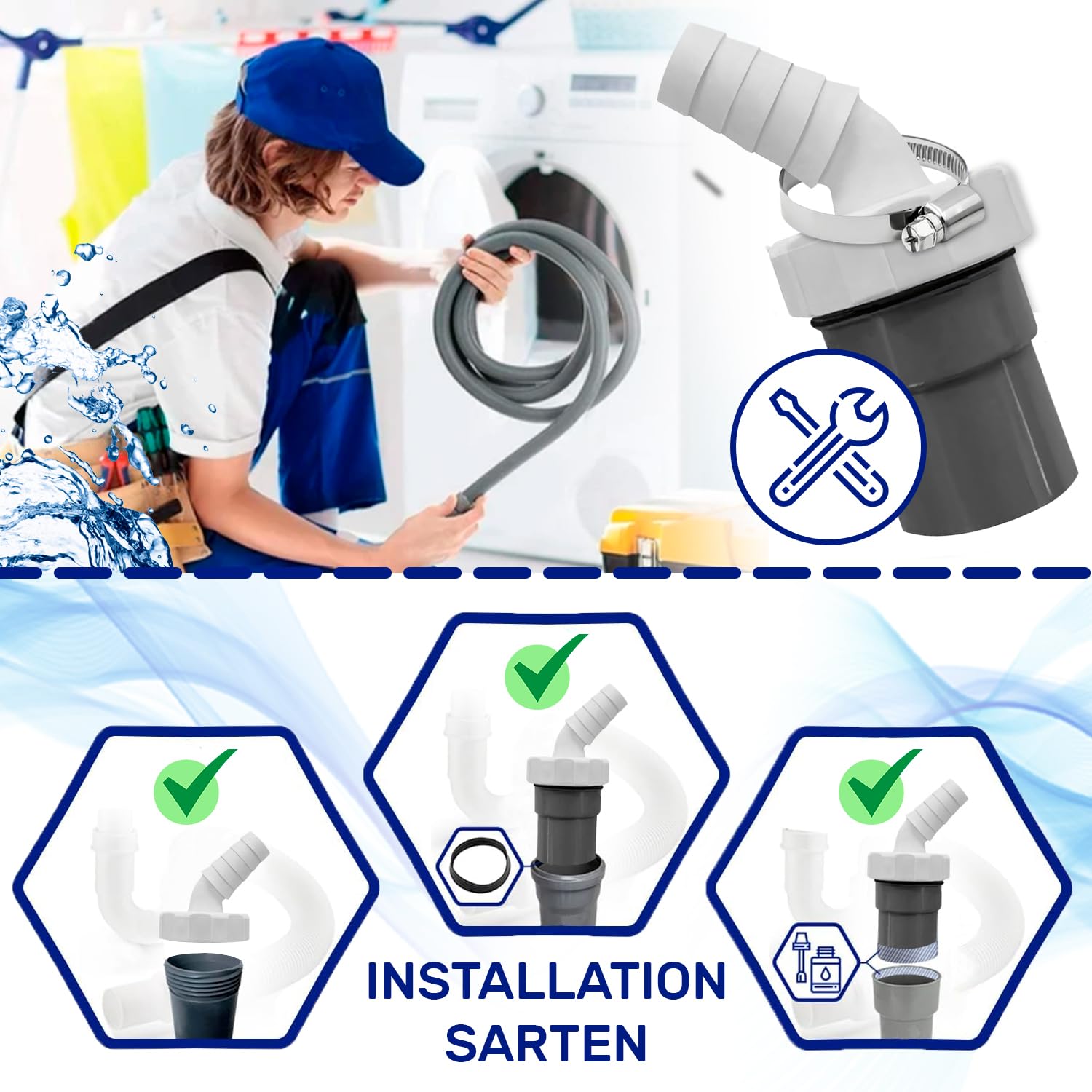 Adaptador Empalme Desague Lavadora con Salida para Tubo Ø40 mm y Entrada Ø18-23 mm - Adaptador Desagüe para Lavavajillas Incluye 1 Pieza de Abrazadera Ø20-32 mm - Garantía de 10 Años - MONTERAL — view 6