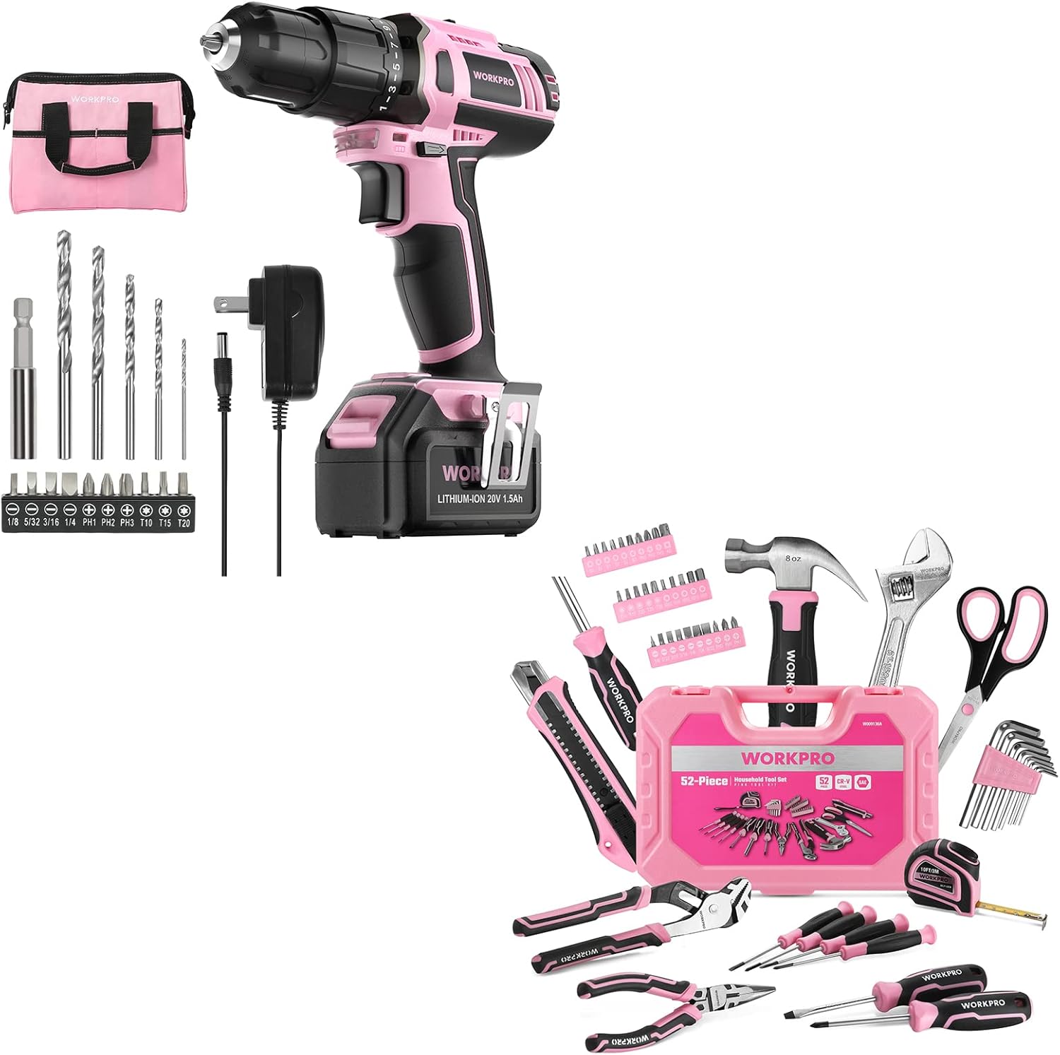 WORKPRO Pink Cordless 20V Lithiumion Drill Driver Set+52