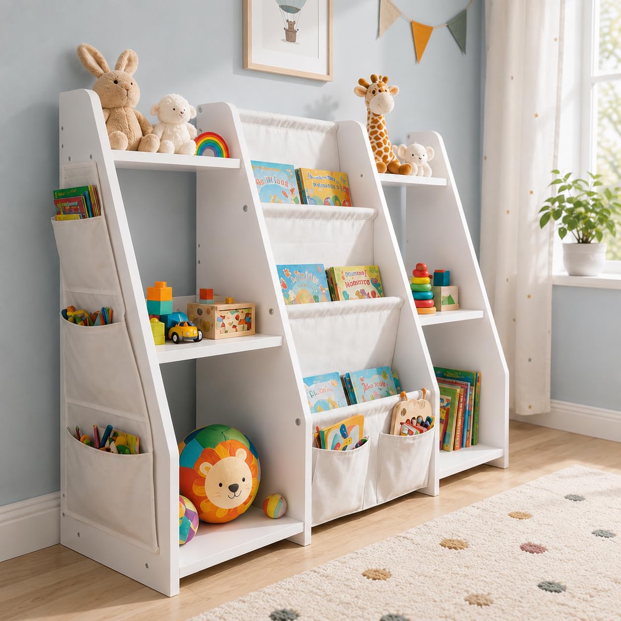 Librería Montessori Infantil Blanca con Bolsillos de Tela, 97 x 30 x 76 cm | Estantería infantil para libros y juguetes con compartimentos abiertos y kit antivuelco, ideal como mueble organizador.