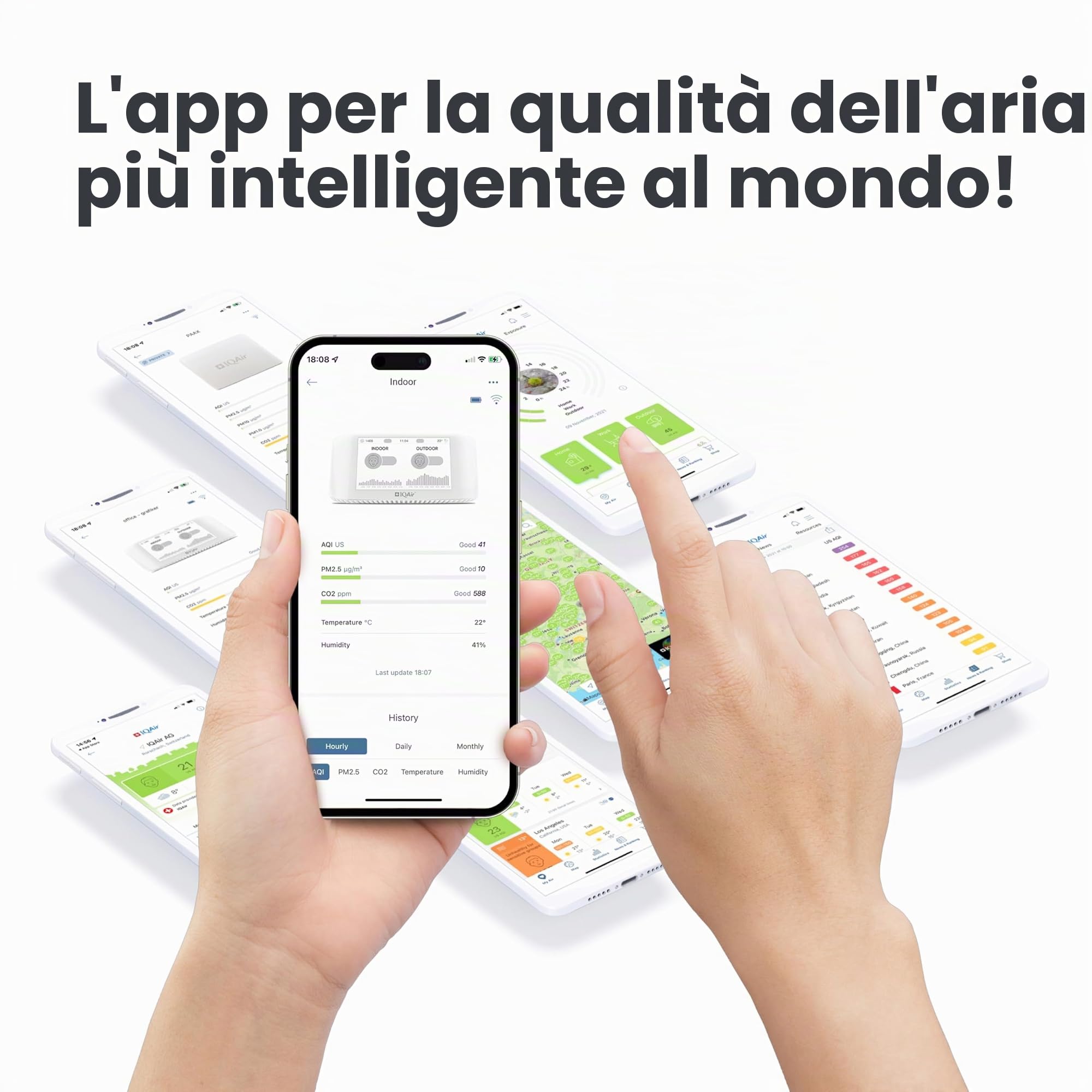 Misuratore di qualità dell'aria IQAir [PM2,5 polveri sottili, misuratore di CO2 con semaforo CO2, AQI, misuratore di temperatura e umidità], Smart Air Quality Monitor [Wi-Fi, WLAN, App]