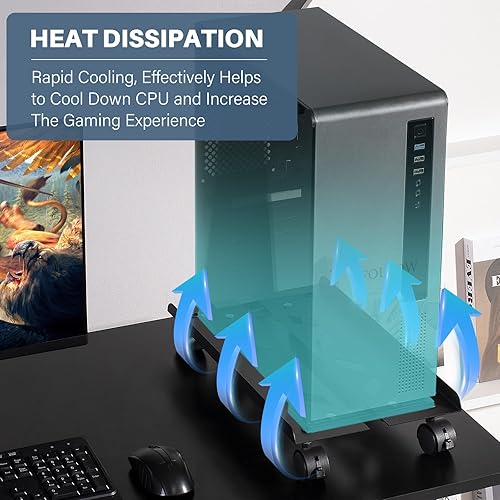 Miniatura 5 de Soporte de torre de computadora móvil, soporte de torre de metal ajustable, soporte de piso de PC con 4 ruedas giratorias de bloqueo, soporte de CPU