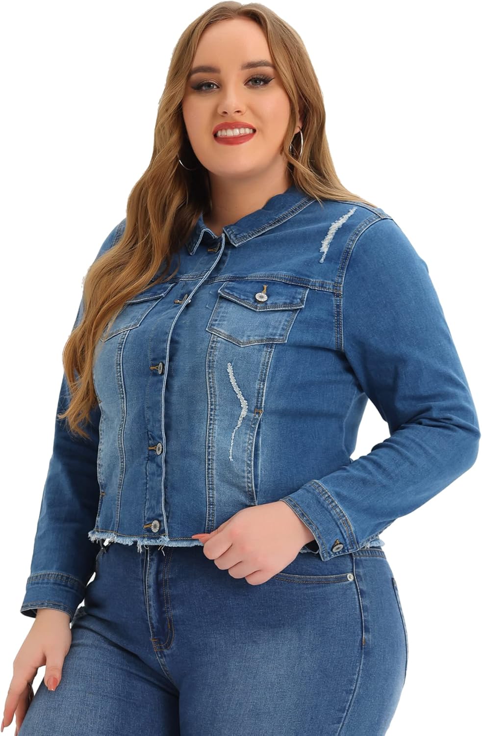 Agnes Orinda Women's Plus Size Classic Washed Front Frayed Denim Jacket