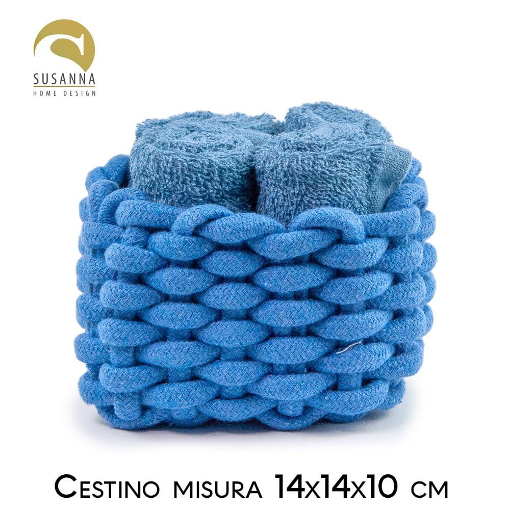 Generico Susanna Home Set 4 Lavette 30x30 in Spugna di Cotone – Asciugamani Ospiti per Bagno, Skincare, Neonato – Confezionate in Cestino in Corda Intrecciata – Blu