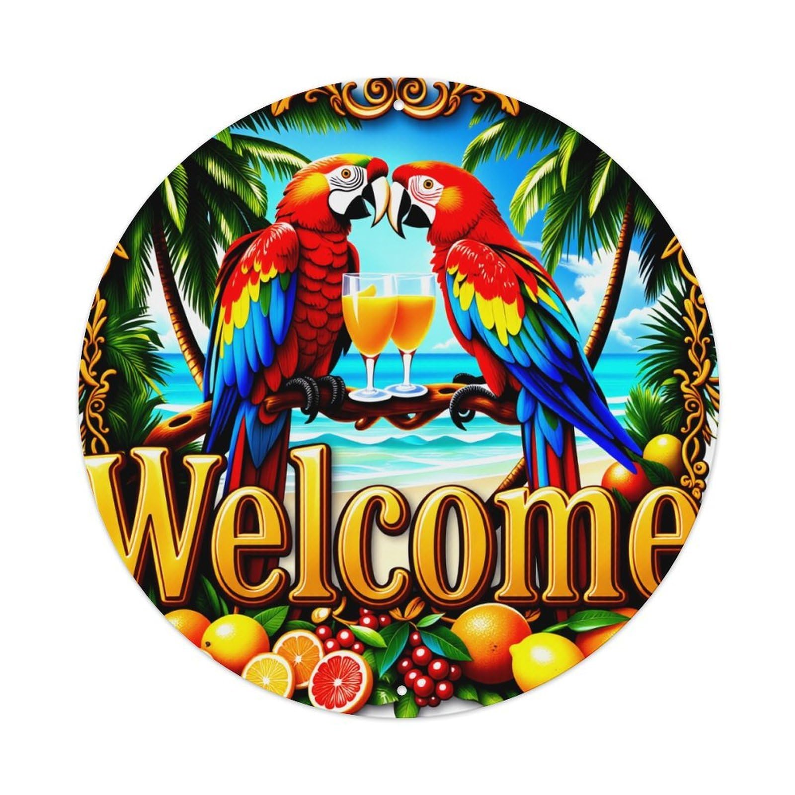Tropical Parrots Welcome Fruit Ocean Tin Sign Vintage Style Home Bar Garden Wall Plaque Decor Metal Poster 8x12 Inch