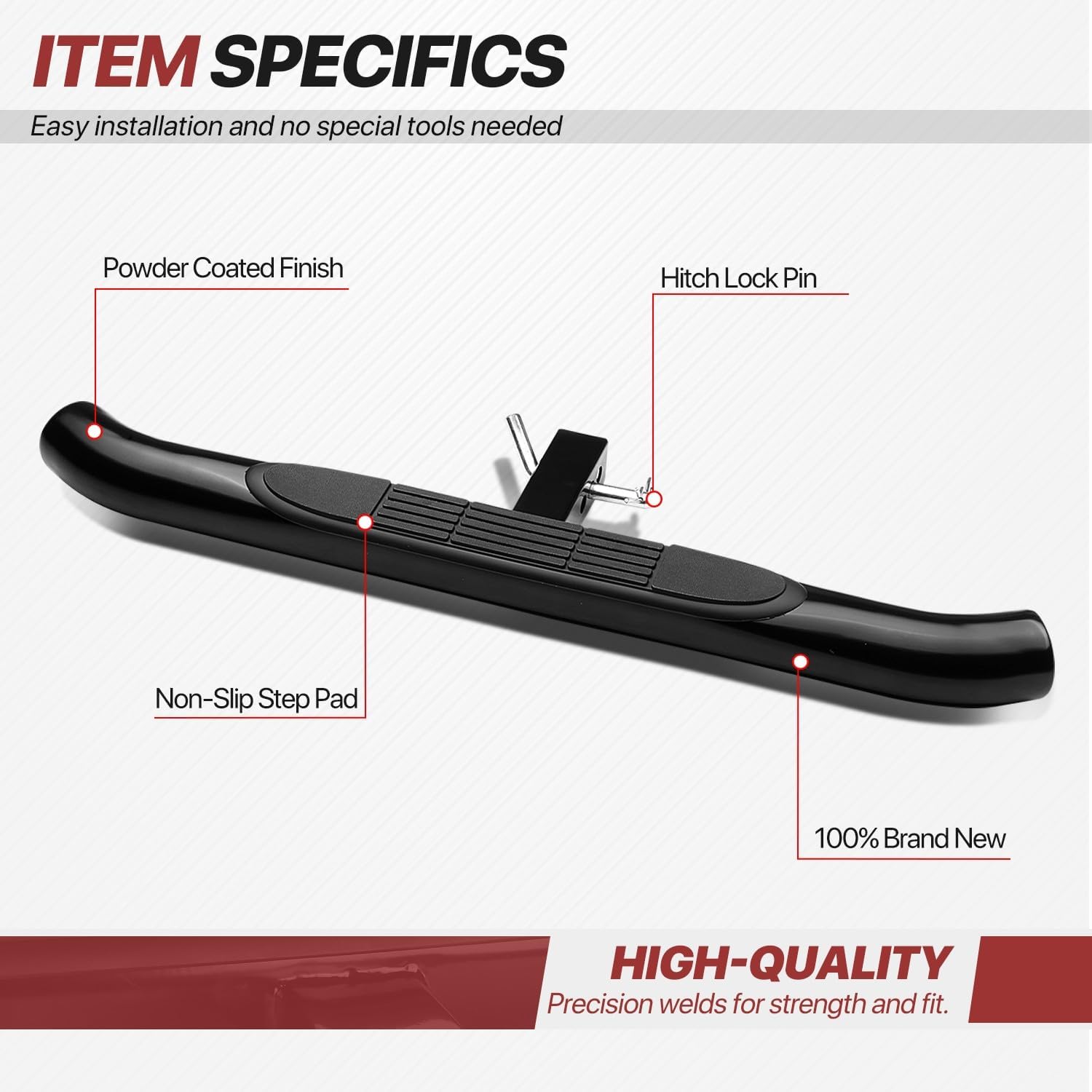 Universal Rear Trailer Tow Hitch Step Bar 37" Black 3" Round with Non-Slip Pad 2" Receiver 350 lbs Capacity Pickup Truck SUV