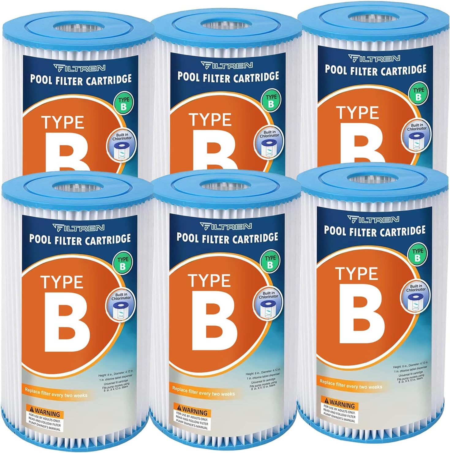 Type B Pool Filter Replacement Cartridges for Jacuzzi, Whirlpool, Hot Tub, Swimming Pool, Spa, Compatible with INTEX 2500 GPH Filter Pump-6 Pack