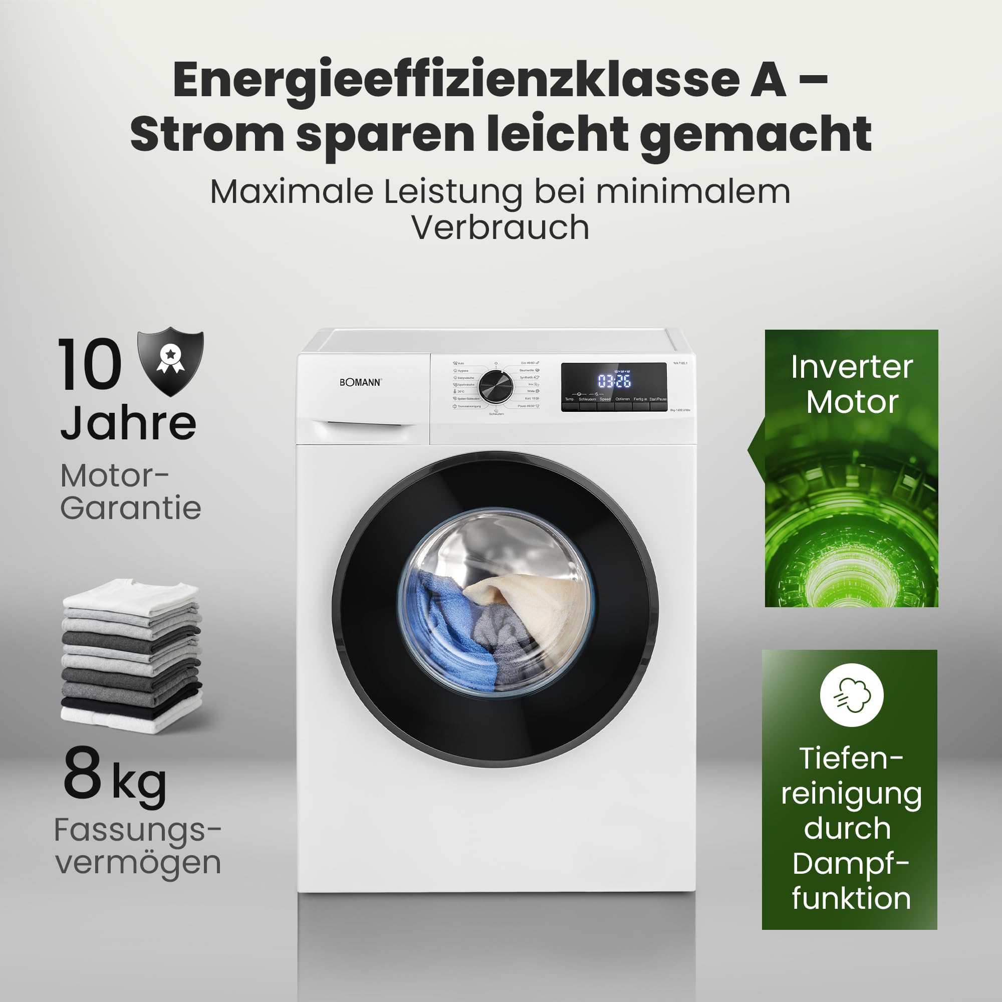 Bomann Waschmaschine 8kg 1400 U/min Invertermotor 15 Waschprogramme LED-Display Dampffunktion WA 7185.1