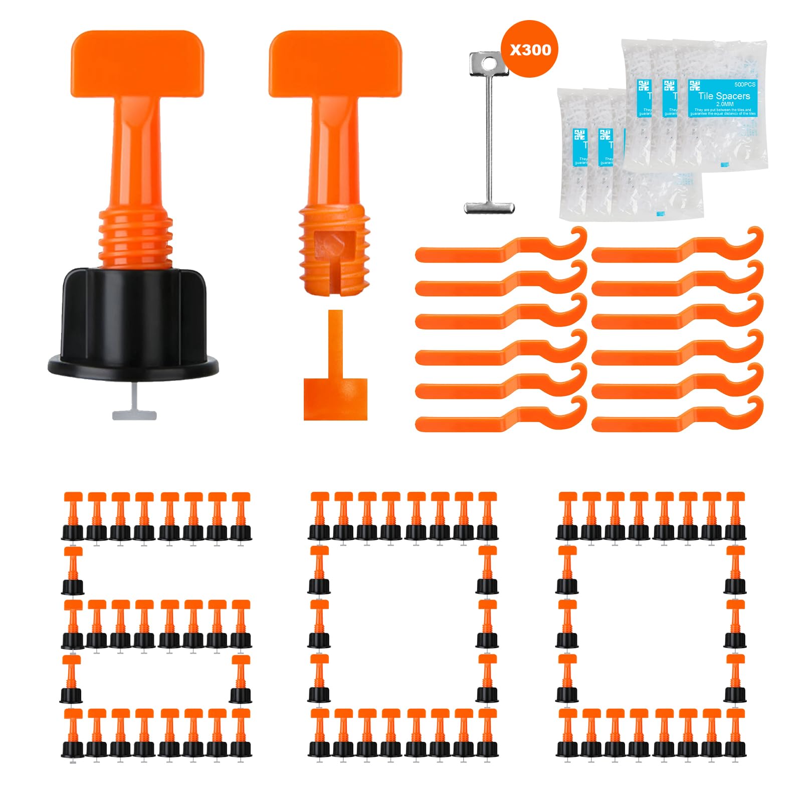 Storystore Kit di livellamento per piastrelle, 600 livellatori da 1/16", 3000 clip distanziali e 300 cunei in acciaio e 12 chiavi, sistema di livellamento riutilizzabili per installazione di pareti e