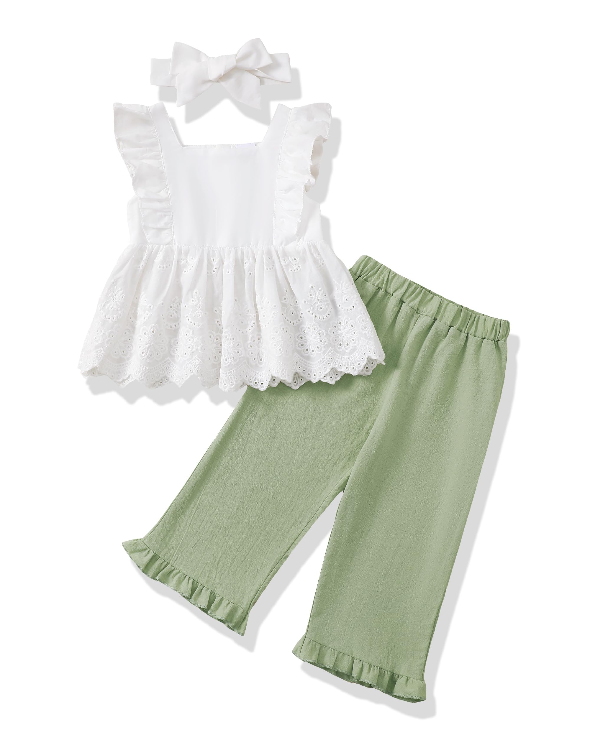 SODLON Toddler Baby Girl Clothes Outfit Infant Summer Clothing Ruffle Sleeveless Top Wide Leg Pants Sets for Little Girls