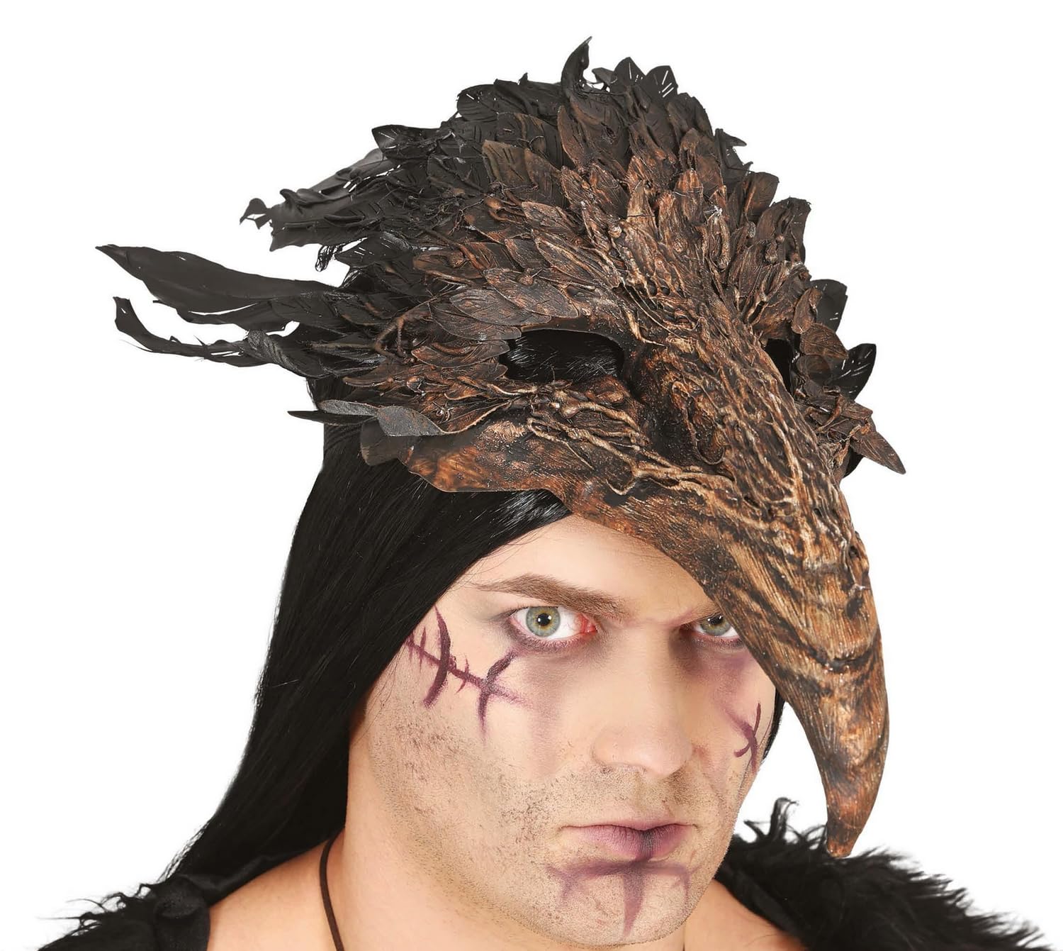 MIMIKRY Masque d'oiseau prédateur avec plumes marron Masque à bec pour Halloween Corbeau Oiseau Commedia dell'arte