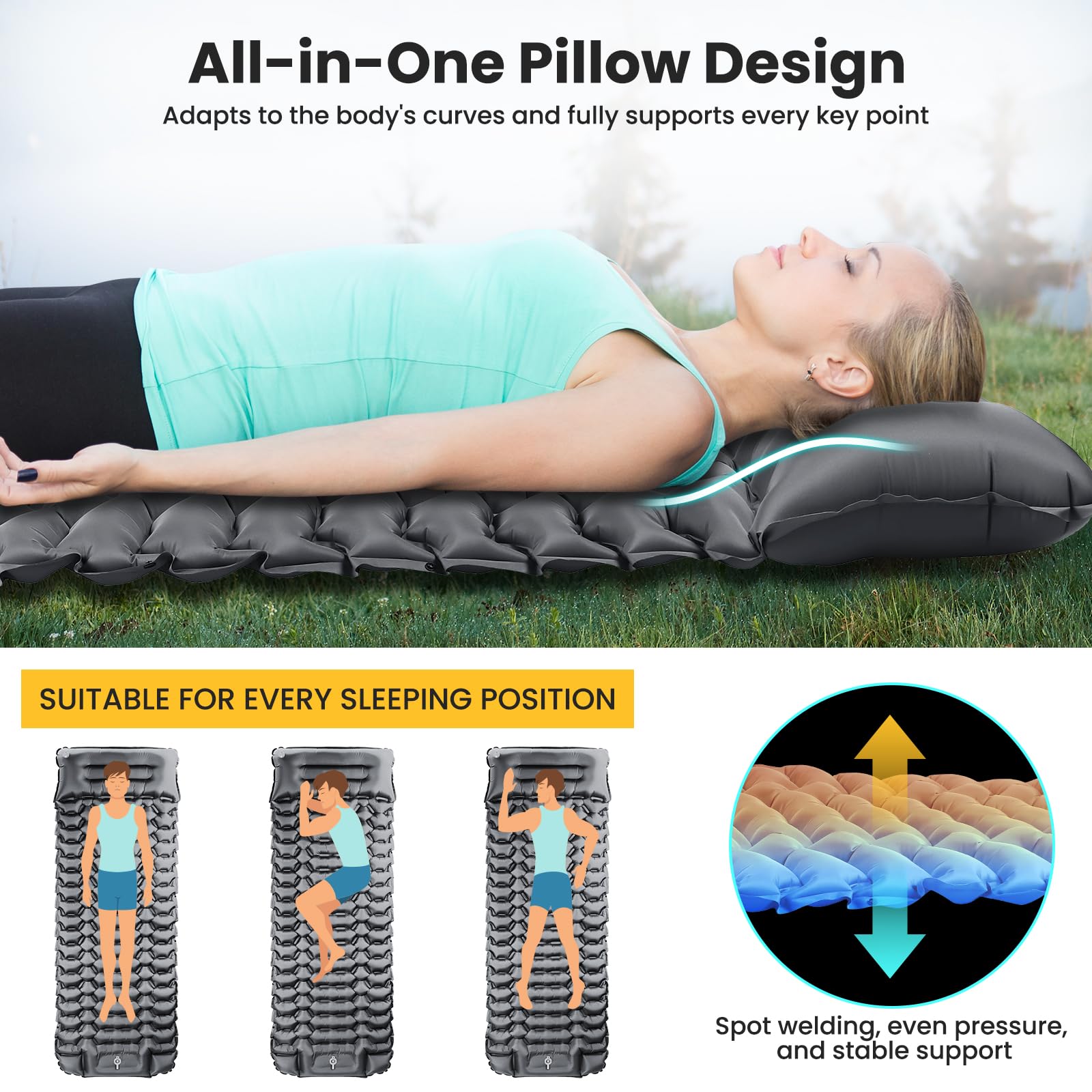 WARMTUYO Matelas isolant de camping, matelas gonflable ultra léger avec pompe à pied et oreiller, pliable, imperméable, anti-déchirure, pour randonnée, plage, extérieur