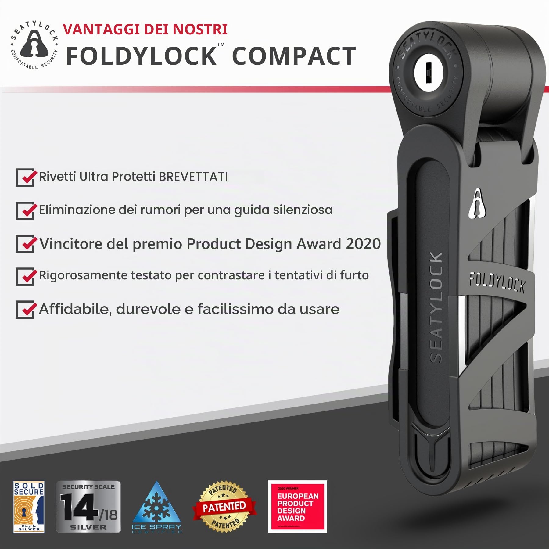 Seatylock FoldyLock - Lucchetto pieghevole compatto e leggero, 85 cm | Lucchetto per bicicletta ad alta sicurezza, resistente, con chiavi e custodia, per biciclette o scooter