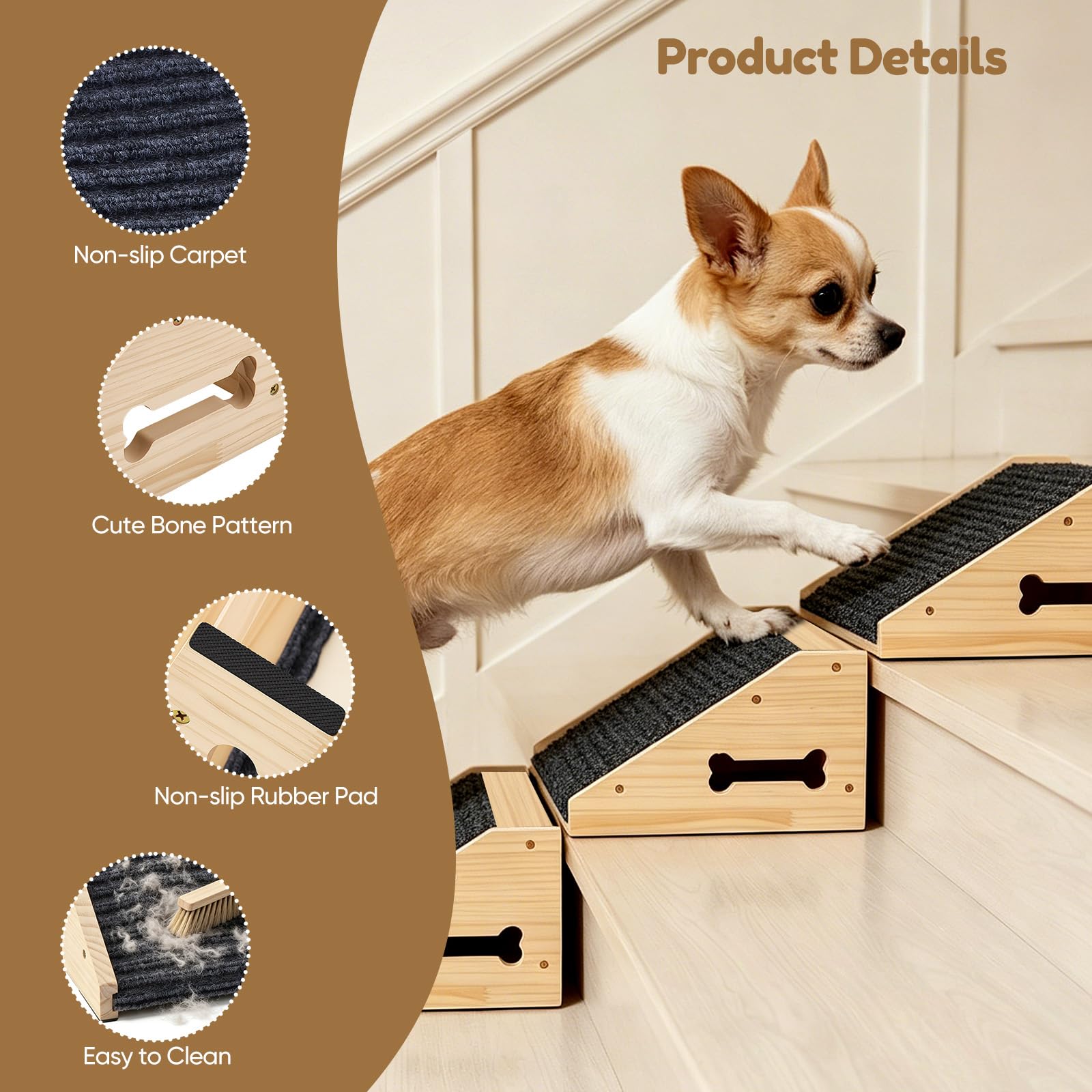 4 scale per cani di piccola taglia, in legno | Scaletta antiscivolo per cani con tappeto, rampa per cani di piccola taglia, angolo basso, per letto e divano