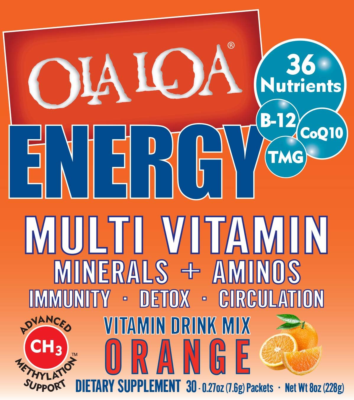 Ola Loa Energy Orange Multi Vitamin Drink Mix - Amino Energy Powder, Gluten Free, Detox, Dairy Free, Caffeine Free - Drink Your Vitamins for the Rigors of Daily Life - 30 Packets (8.25oz)