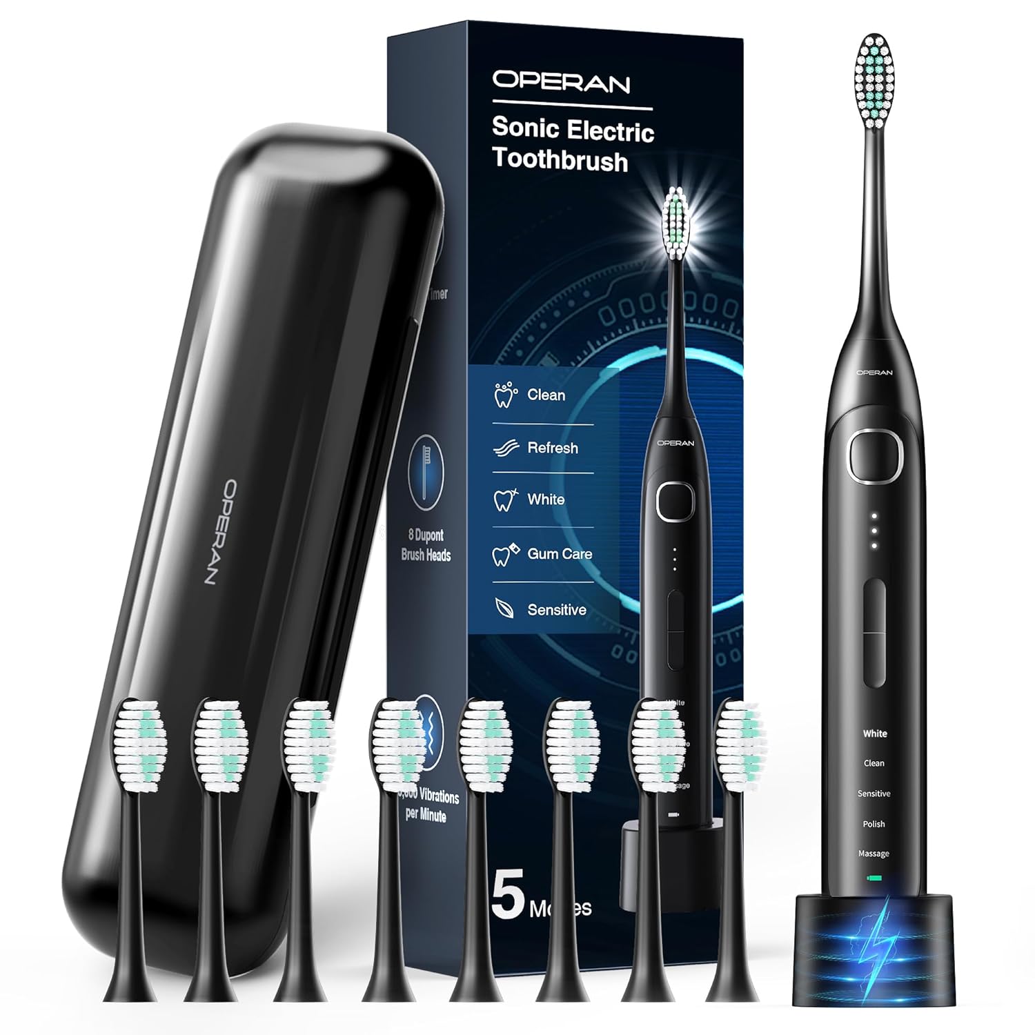 Operan Electric Toothbrush for Adults and Kids Rechargeable Sonic Toothbrush with 5 Modes 2-Min Smart Timer IPX7 Waterproof 40,000 VPM Motor with 8 Brush Heads & Travel Case (Black) Operan Electric Toothbrush for Adults and Kids Rechargeable Sonic Toothbrush with 5 Modes 2-Min Smart Timer IPX7 Waterproof 40,000 VPM Motor with 8 Brush Heads & Travel Case (Black)