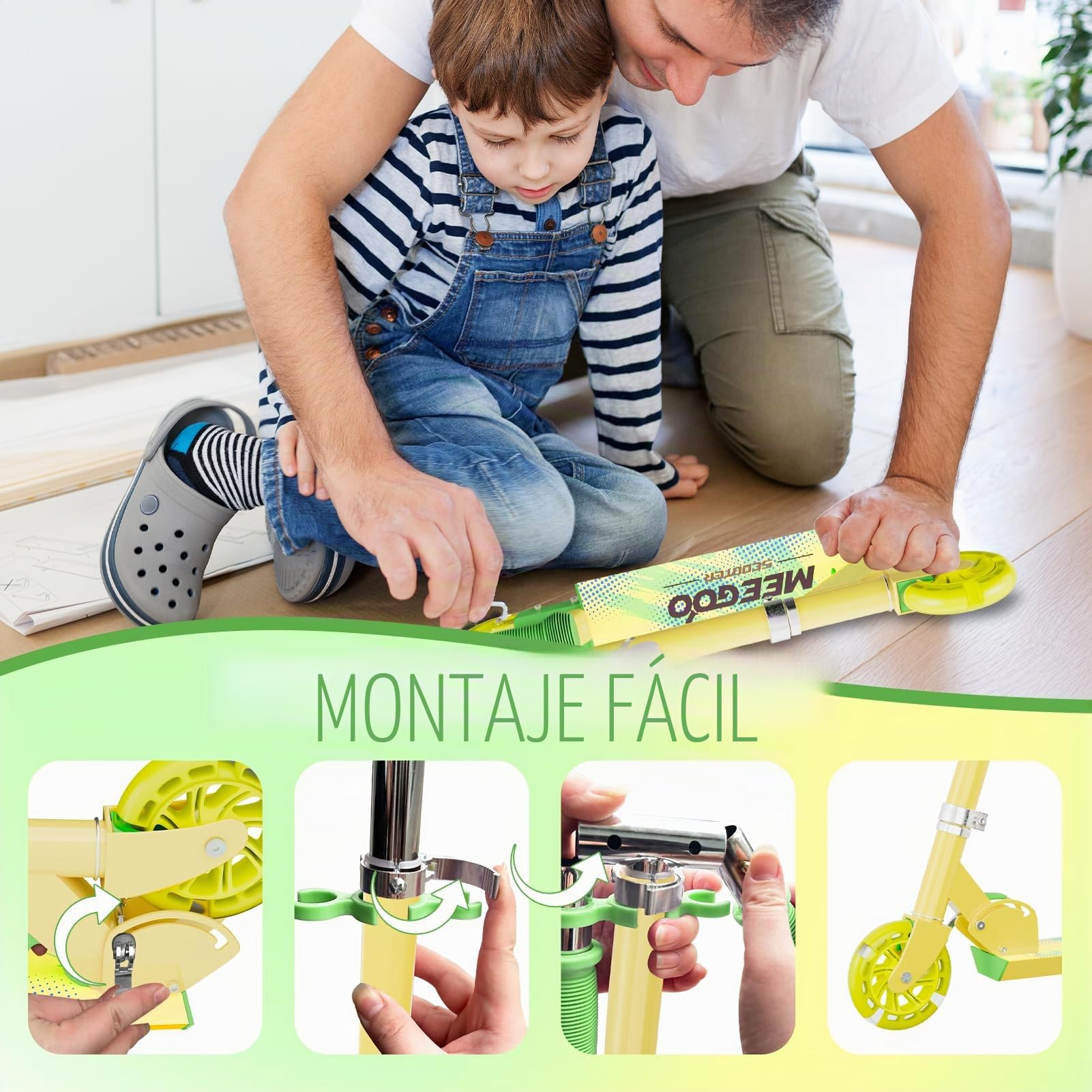 MEE GOO Patinete infantil de aluminio, plegable, altura ajustable, con freno de mano y campana, para niños de 8 años y despertar