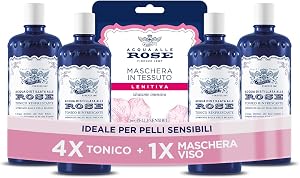 Acqua alle Rose, Tonico Viso con Acqua Distillata Alle Rose, Formula Rinfrescante con Proprietà Idratanti, Tonificanti e Lenitive, Rende la Pelle Giovane ed Elastica, 4 Flaconi da 300 ml
