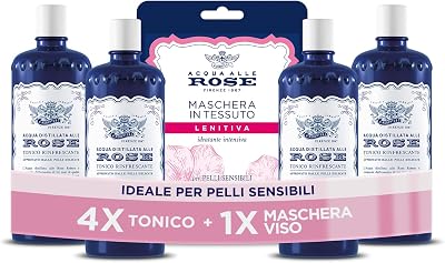 Acqua alle Rose, Tonico Viso con Acqua Distillata Alle Rose, Formula Rinfrescante con Proprietà Idratanti, Tonificanti e Lenitive, Rende la Pelle Giovane ed Elastica, 4 Flaconi da 300 ml