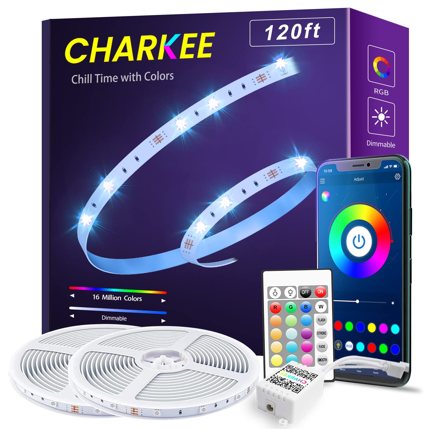 CHARKEE120ft LED Strip Lights, Bluetooth RGB LED Lights with App Control, 22 Scenes and Music Sync LED Lights Strip for Bedroom, Living Room, Party, ETL Listed Adapter (2 Rolls of 60ft)