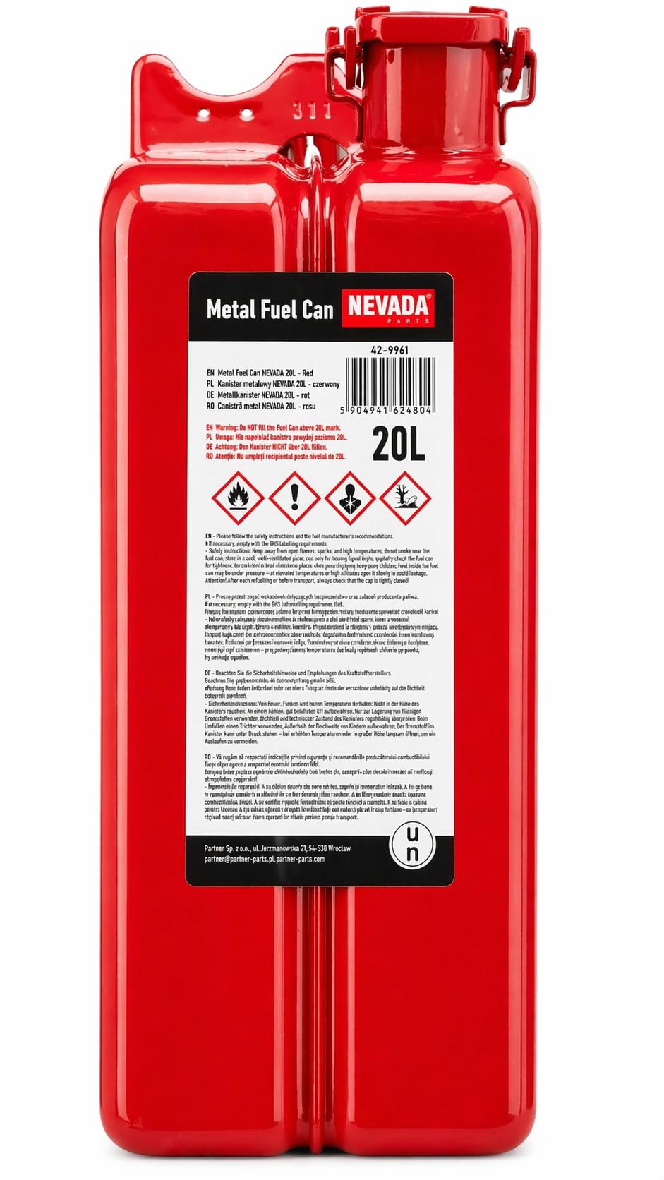 Metall Benzinkanister 20L Rot – stabiler Kraftstoffkanister für Benzin & Diesel, sicherer Reservekanister mit robustem Verschluss für Auto, Werkstatt & Outdoor