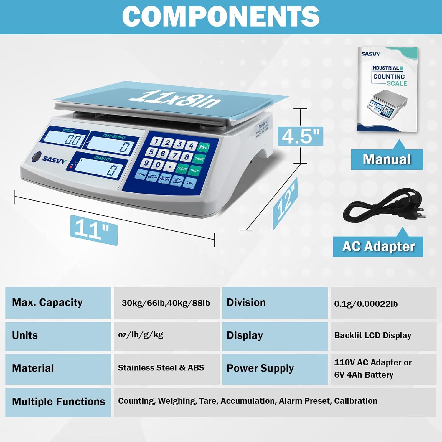 Counting Scale (66lb/30kg, 0.1g) lb/oz/kg/g Industrial Digital Inventory Scale with Battery for Small Parts, Coins, Pieces, Tickets