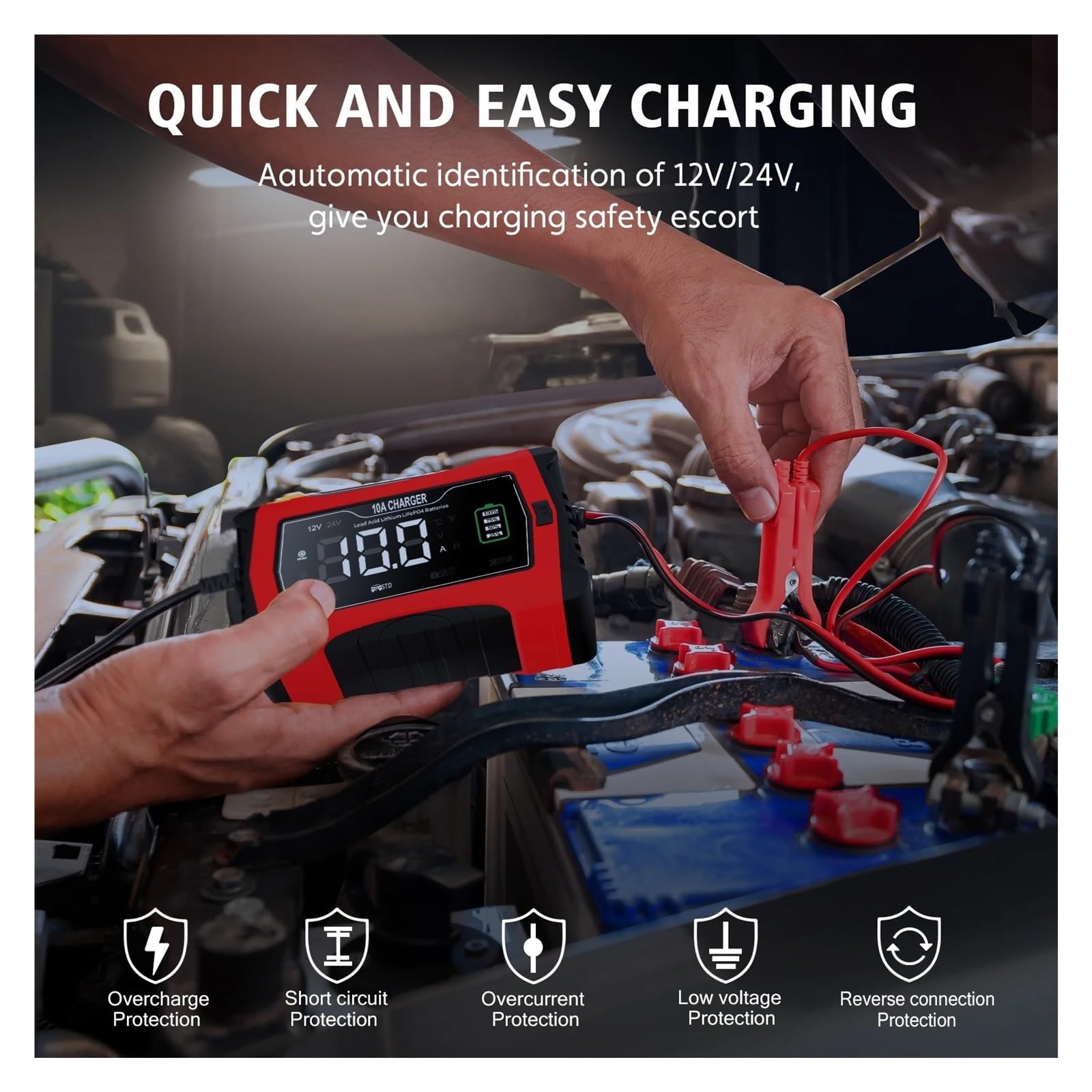 Cargador De Batería De Coche De Reparación Inteligente Universal De 12V 24V 10A, Cargador De Reparación For Batería De Plomo Ácido AGM GEL LiFePO4(10A UK Plug)